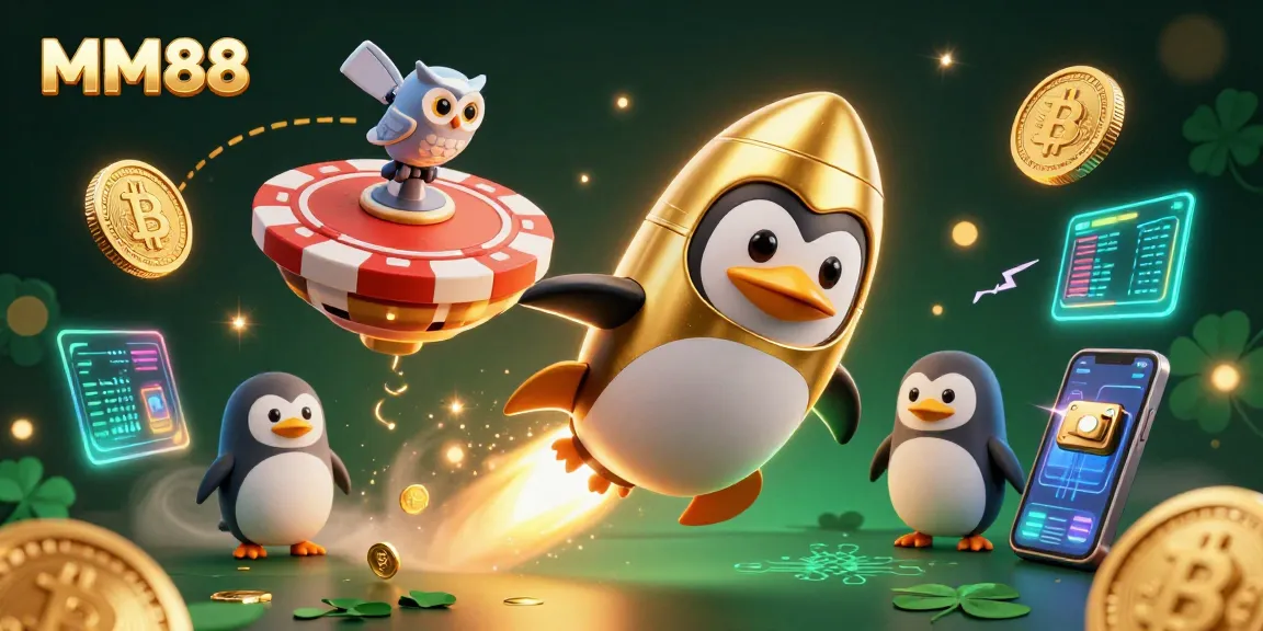 Experience MM88 excitement with a dynamic 3D illustration featuring a golden penguin racing toward a casino.
