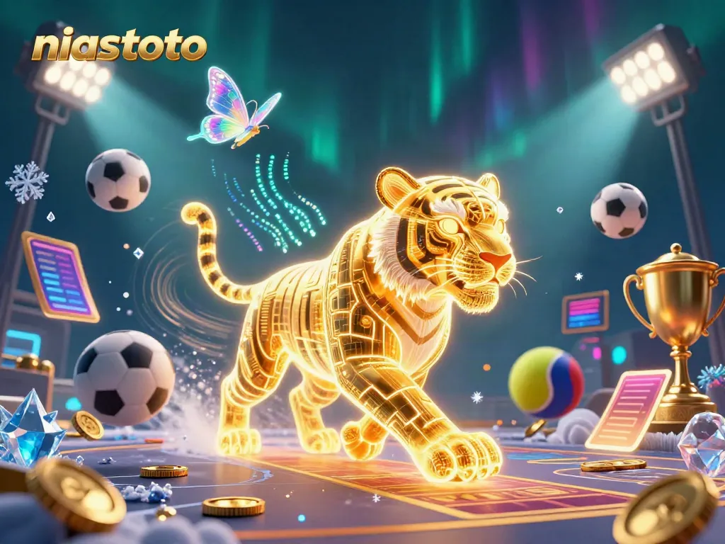 NIASTOTO elevates your gaming experience with a vibrant digital casino scene featuring a golden tiger and sports elements.