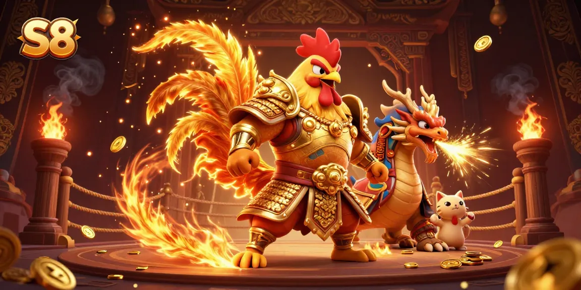 S8 offers thrilling online casino action with a powerful fighting rooster and dragon in an exciting arena setting.