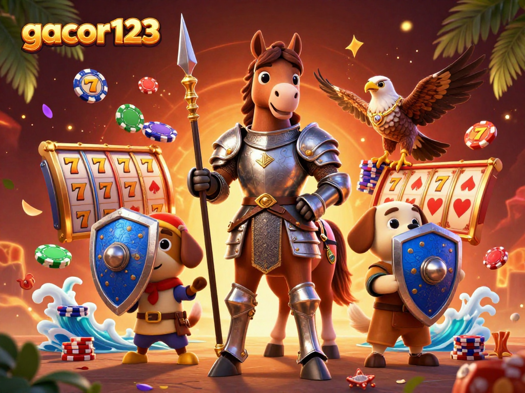 Experience the thrill of gacor123, featuring characters in a dynamic casino-themed scene with slot reels and colorful chips.