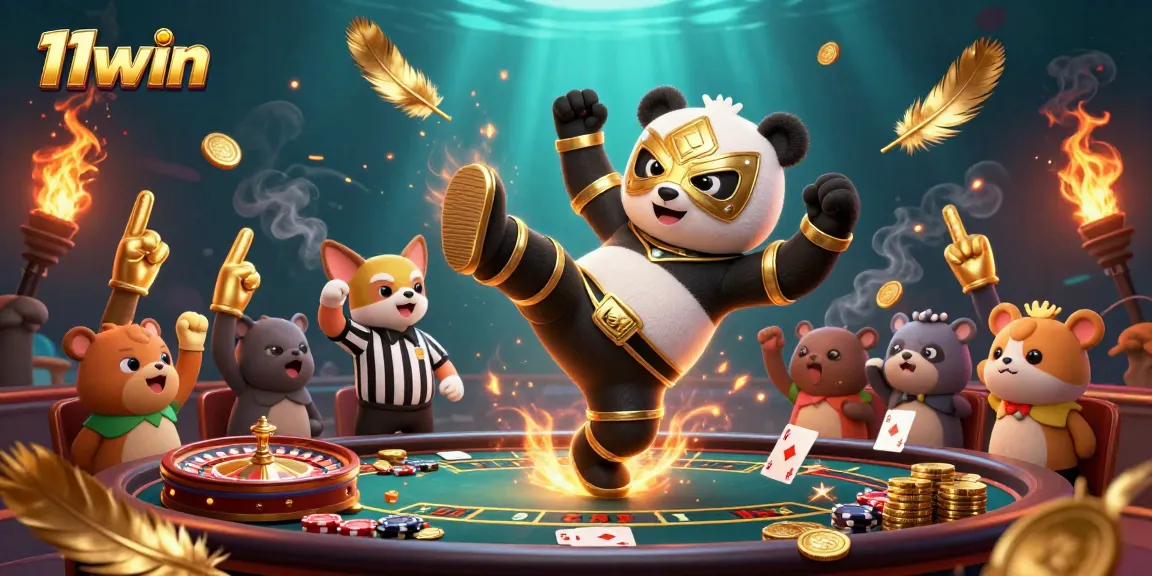 Experience thrilling action with 11win as a wrestler panda kicks in an animated casino scene.