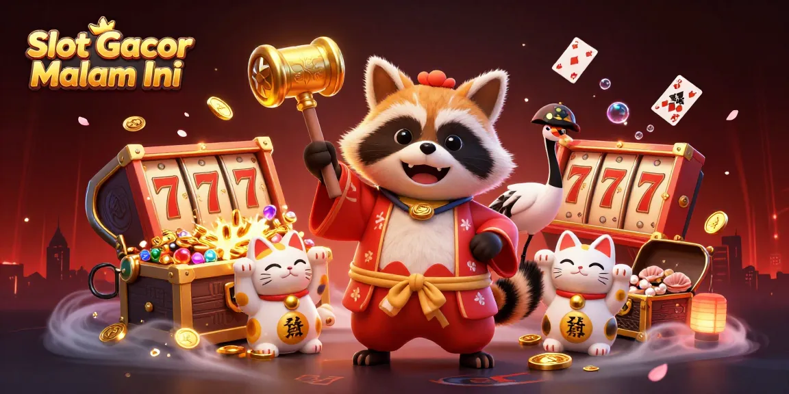 Engage with Slot Gacor Malam Ini through a vibrant 3D scene featuring cheerful tanuki and lucky symbols.