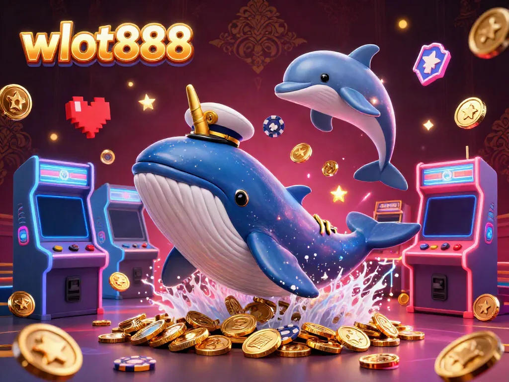 Permainan slot wslot888 yang menarik dengan ikan paus, narwhal, dan lumba-lumba di tengah koin berkilau.