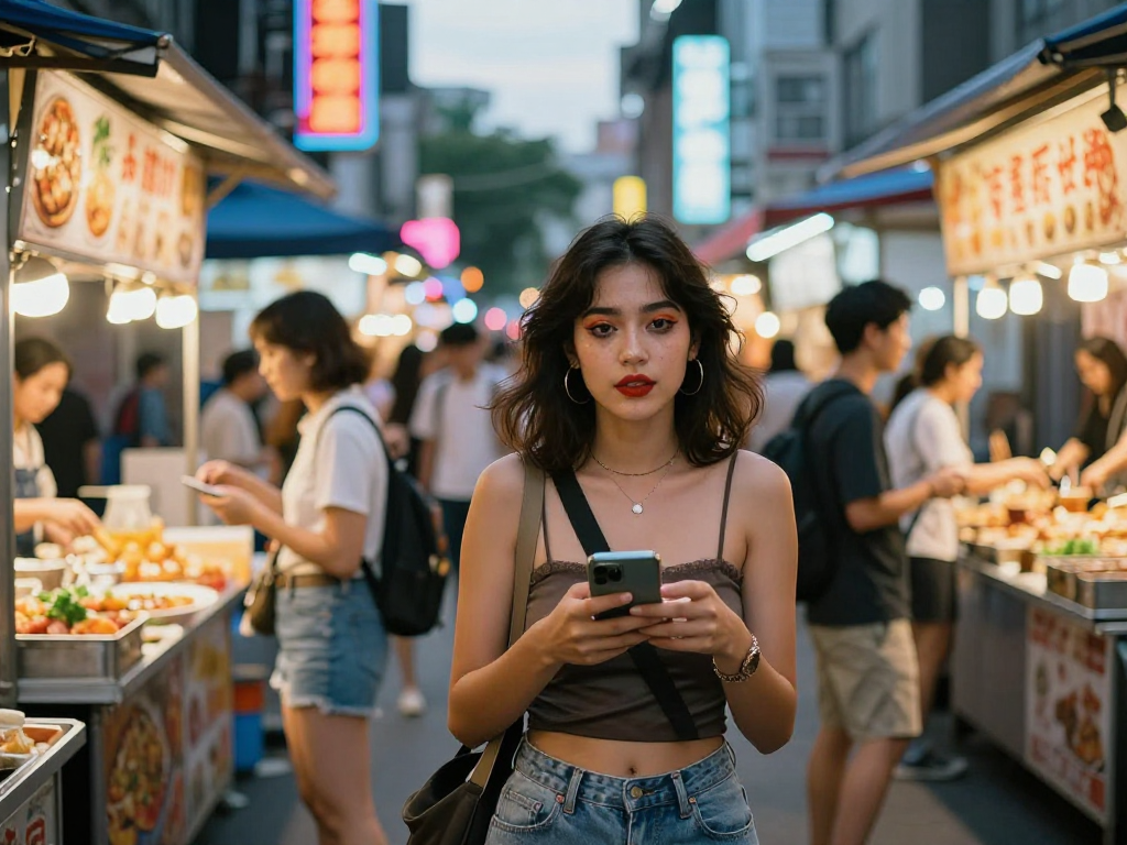 Gái gọi trong không gian phố thị sôi động, ánh đèn neon và bạn bè xung quanh.