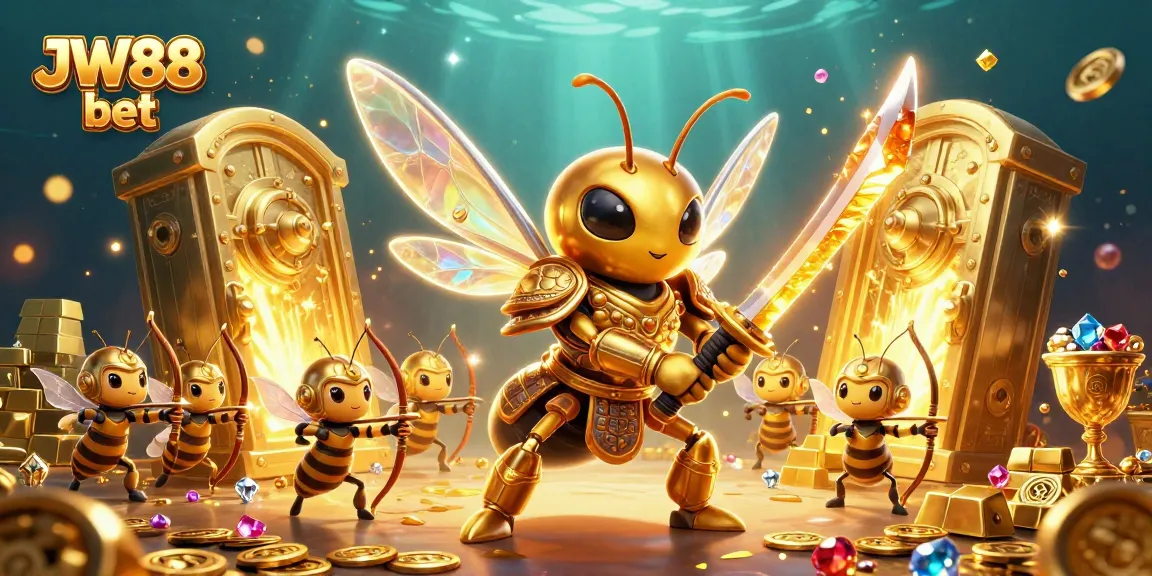 Win big with JW88 bet in this vibrant 3D casino illustration showcasing golden treasures and dynamic characters.