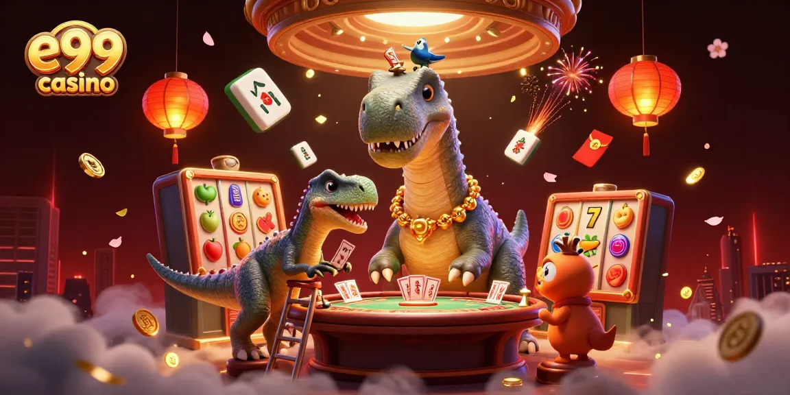 Experience excitement at e99 casino with a vibrant scene of playful dinosaurs in a bustling gambling environment.
