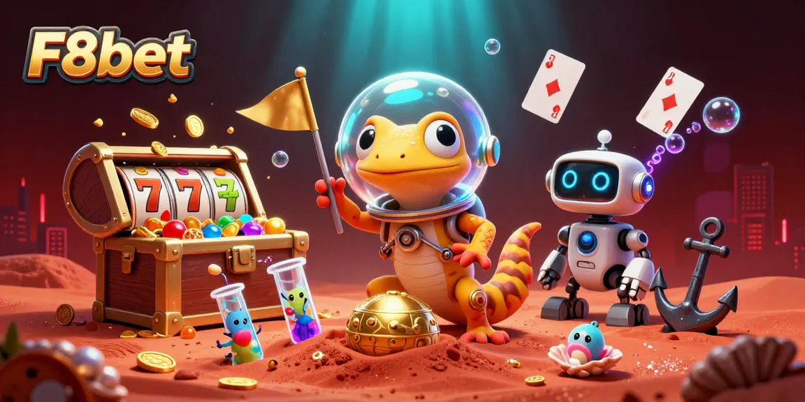 Experience F8bet's vibrant casino adventures with a Martian gecko and cheering alien bacteria.