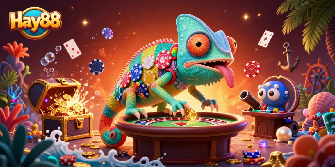 Engage in thrilling gaming at Hay88 with a vibrant chameleon casino owner amid a treasure-filled underwater scene.
