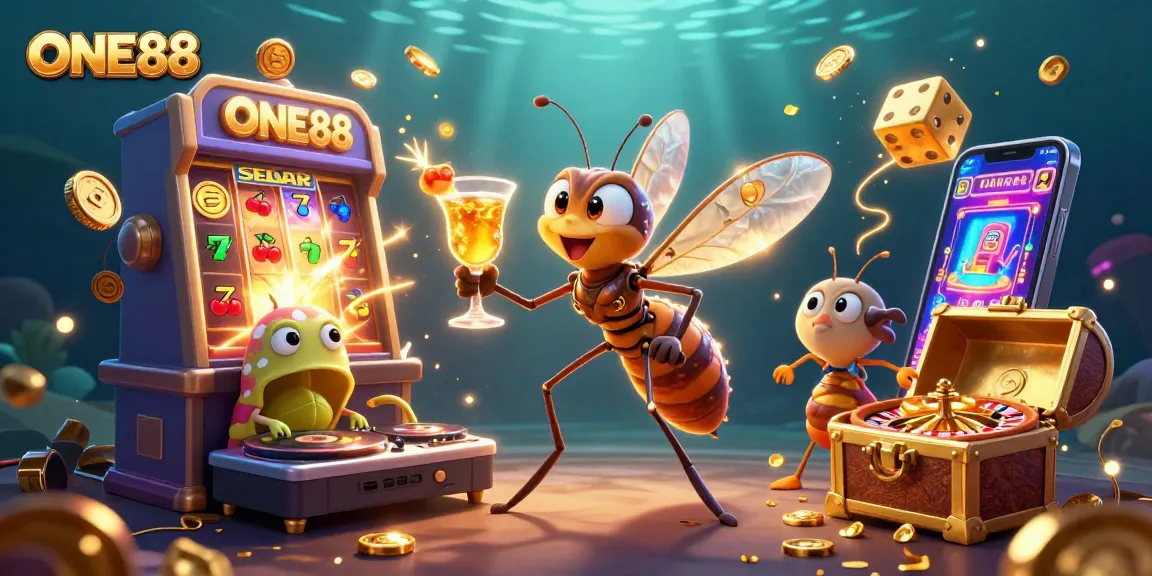 Experience the thrilling world of ONE88 with a vibrant casino scene featuring unique characters and rich gaming elements.