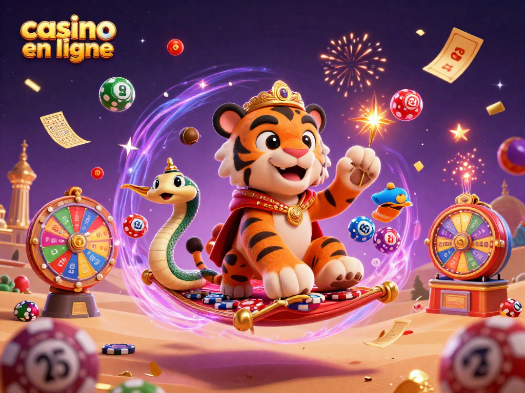 Casino en ligne : Tigre sultan et génie, jeux et loteries festifs au milieu d'une scène magique.