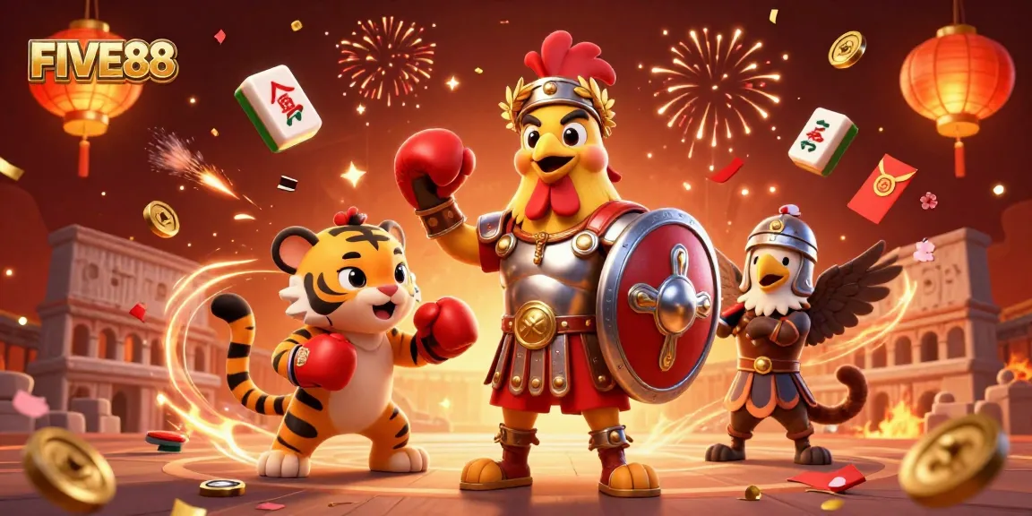 Experience the thrill of casino games with FIVE88 in this vibrant 3D scene featuring cheering symbols.