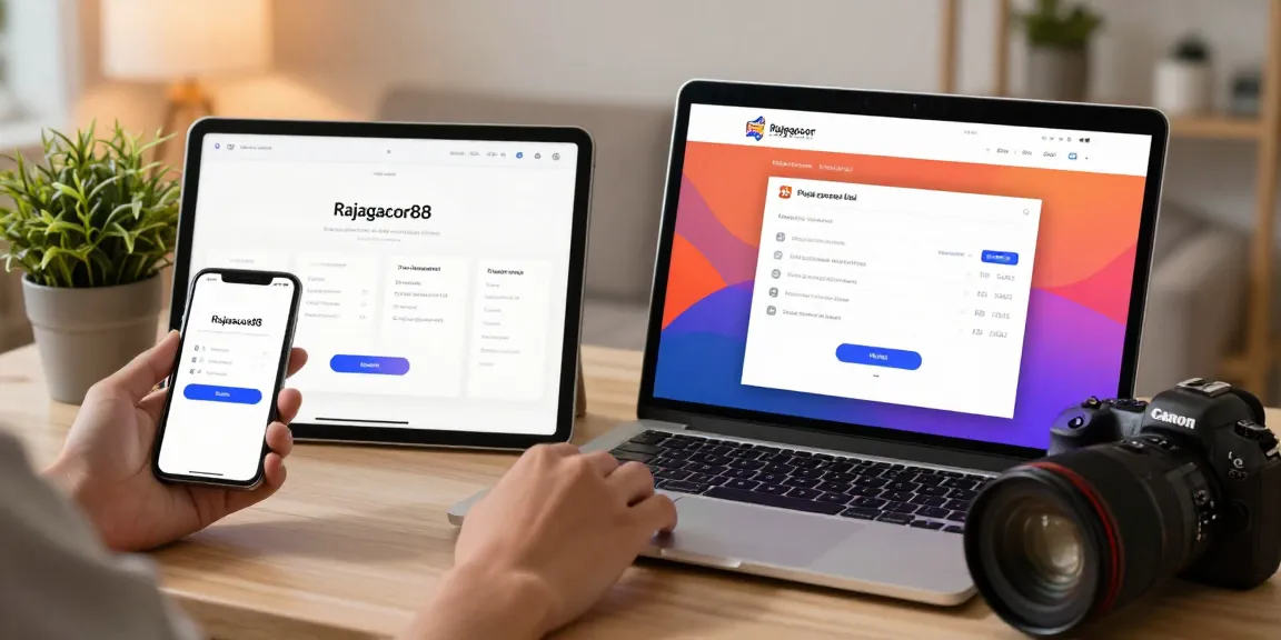 Accessing Rajagacor88 online services with devices showcasing login and registration information.