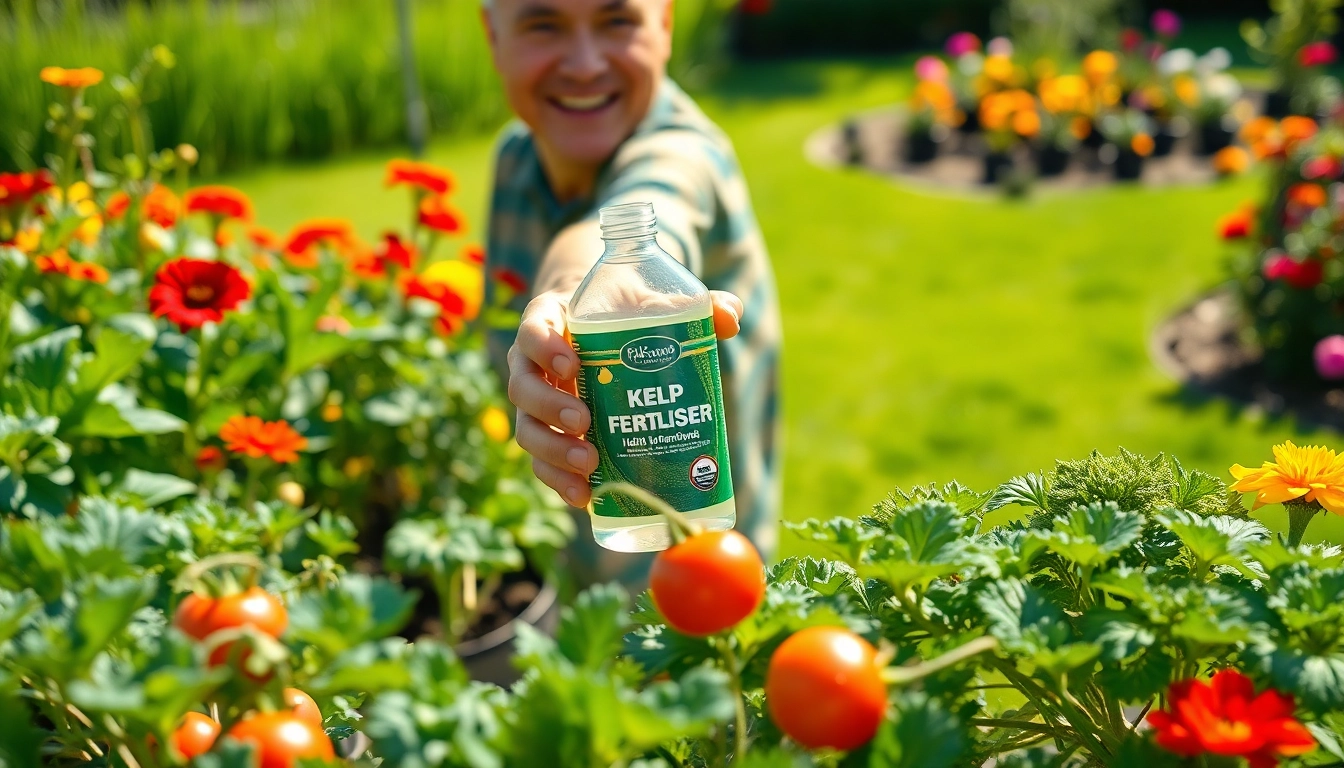 Applying Kelp fertiliser in a vibrant garden for healthy plant growth