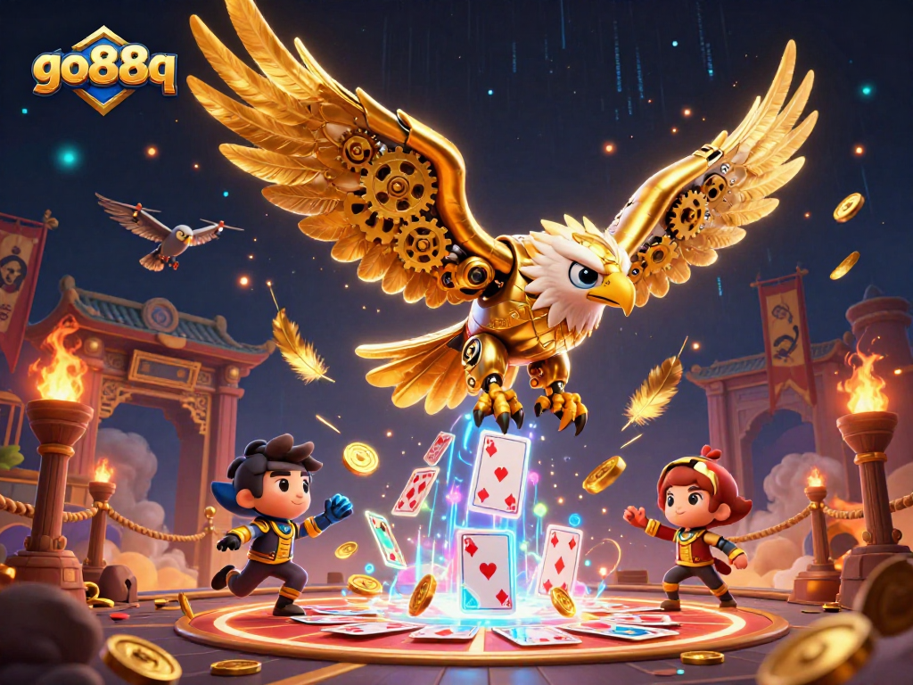Engage with go88q, experience electrifying wins through animated golden eagle and rich casino elements.