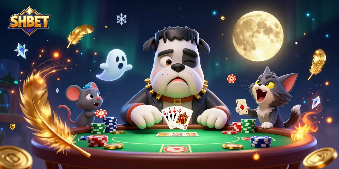 Experience thrilling poker action at SHBET with a cartoon bulldog dealer and mystical elements.