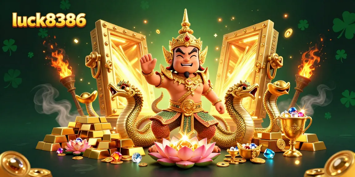 Experience the luck8386 casino world with vibrant characters and gold treasures amidst dynamic gambling elements.