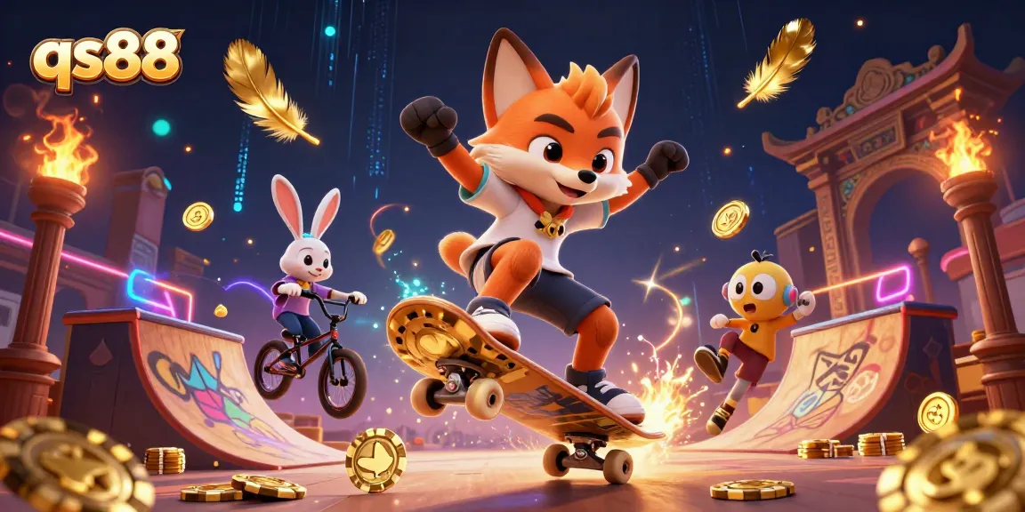 Experience excitement at qs88 with a dynamic casino-themed 3D scene featuring energetic cartoon characters.