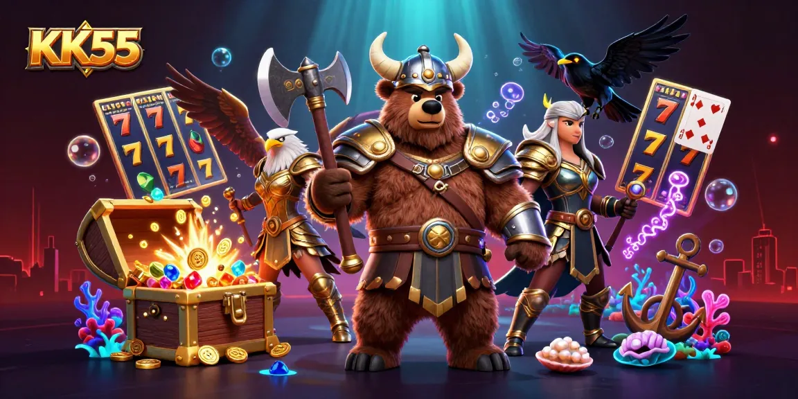 Experience thrilling slots with KK55's vibrant Viking illustration showcasing excitement and adventure.