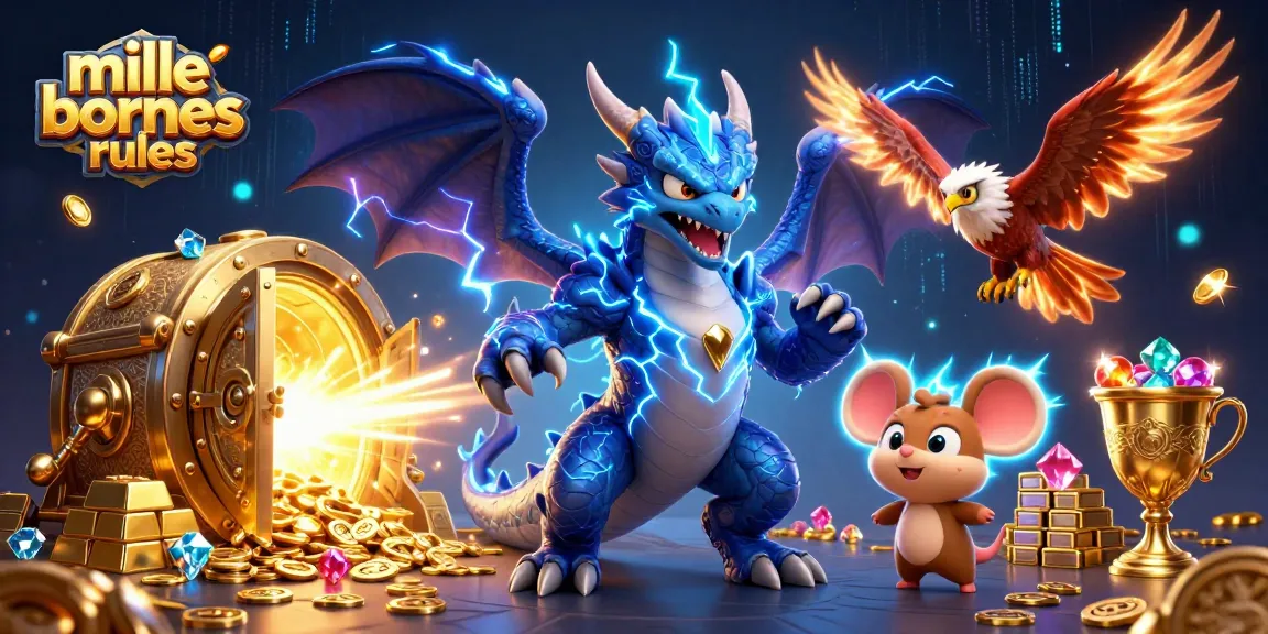 Play Mille Bornes rules with dynamic 3D dragon and treasures in an electrifying casino-themed scene.
