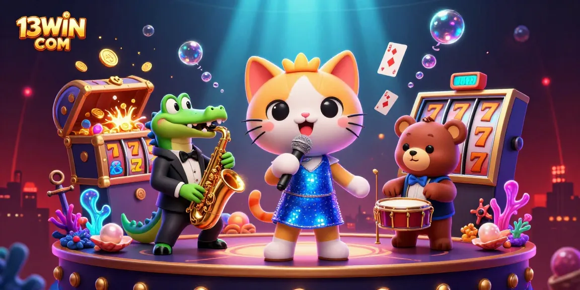 Experience vibrant fun at 13WIN COM with a lively casino scene featuring colorful characters and jackpot excitement.