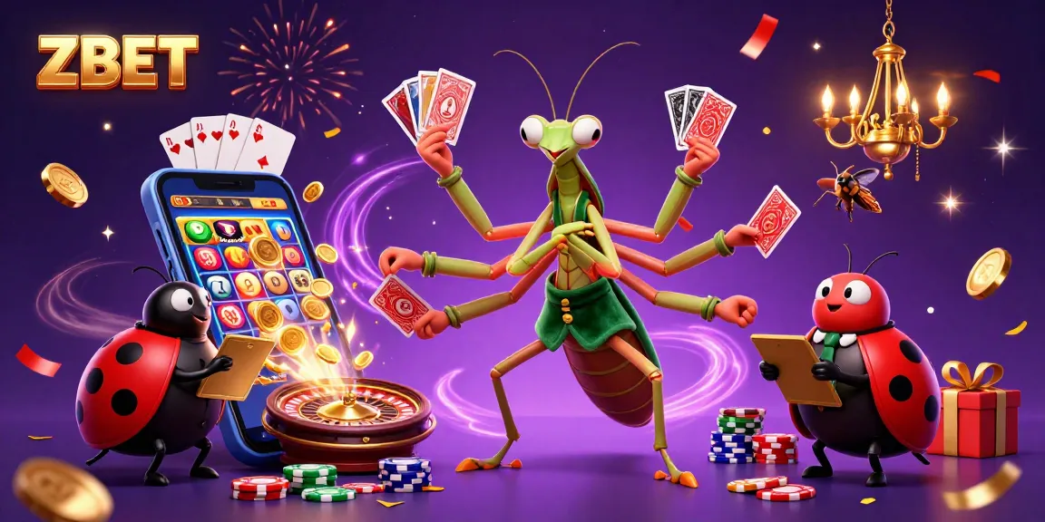 ZBET's vibrant scene with a giant praying mantis card shark and ladybug pit boss in a lively casino atmosphere.