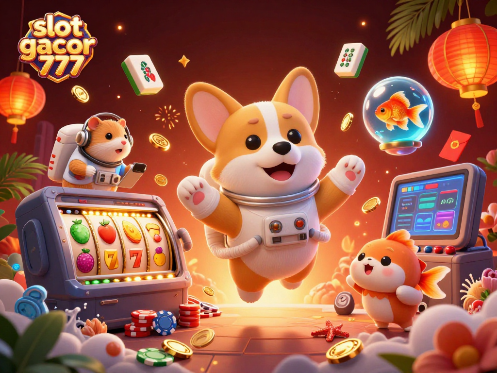 Experience the thrill of slot gacor 777 with a vibrant scene featuring floating astronauts, coins, and jackpots.