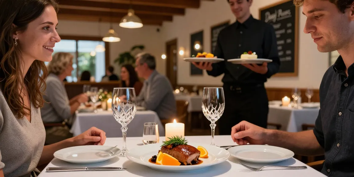 Best duck a l’orange near me, couple enjoying gourmet dish in elegant restaurant atmosphere.