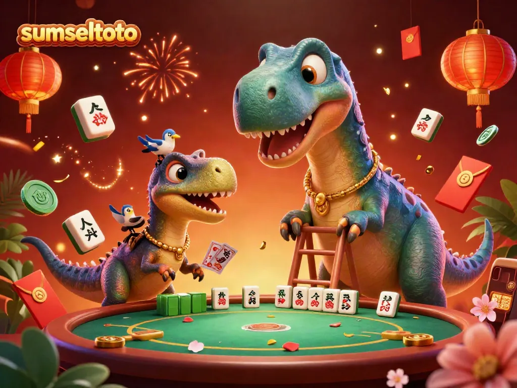 Experience sumseltoto excitement as giant characters bring a vibrant casino scene alive with poker action and festive elements.