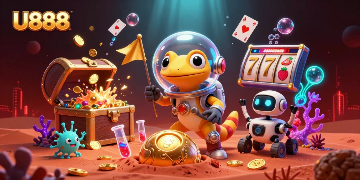 Experience thrilling gameplay at U888 with a Martian gecko discovering a hidden golden casino.