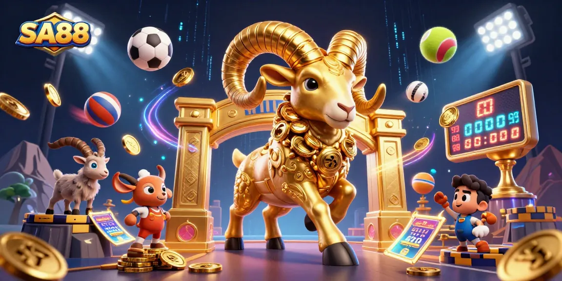 Experience betting excitement at SA88 with a golden ram, sports elements, and vibrant casino energy.