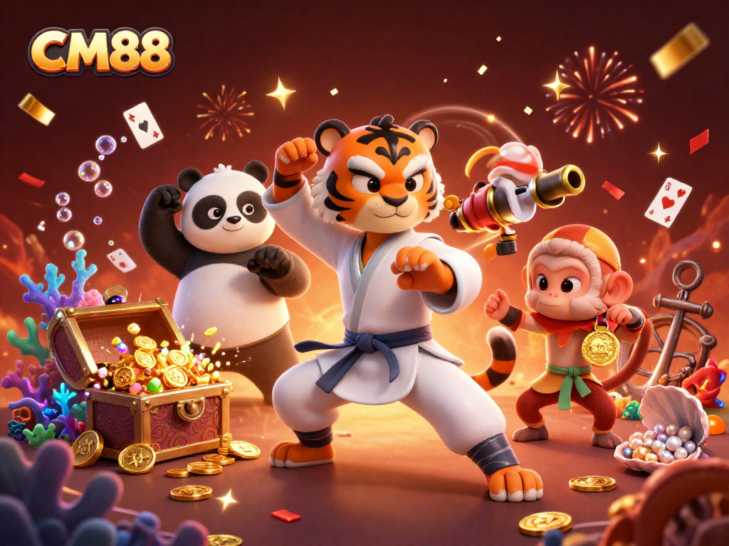 Experience thrilling wins at CM88 with a vibrant 3D casino scene of masterful characters and lively elements.