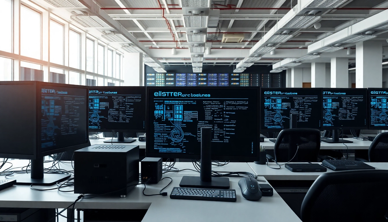 Illustration of enterprise network services in a modern office showcasing technology integration.
