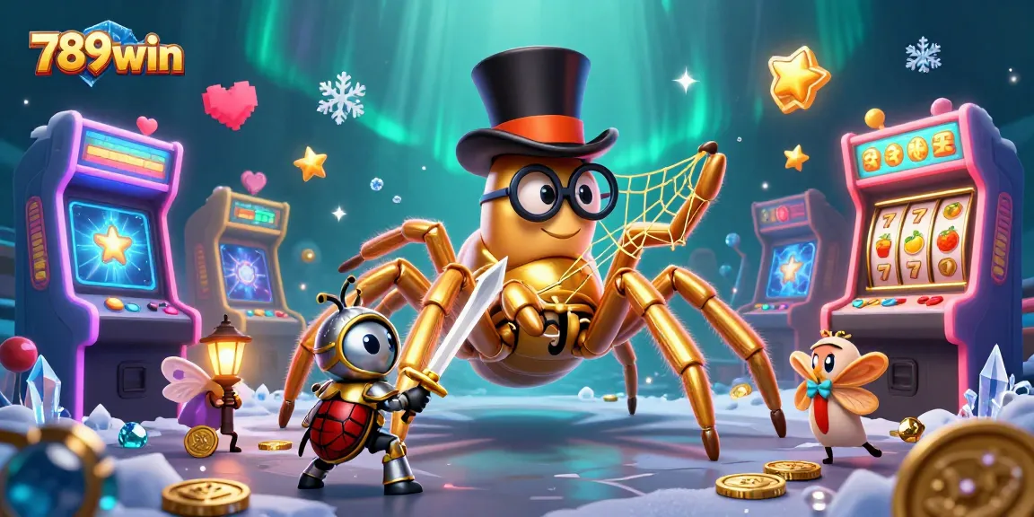 Engage with 789win's vibrant casino scene featuring a golden tarantula and beetle knight among colorful game elements.