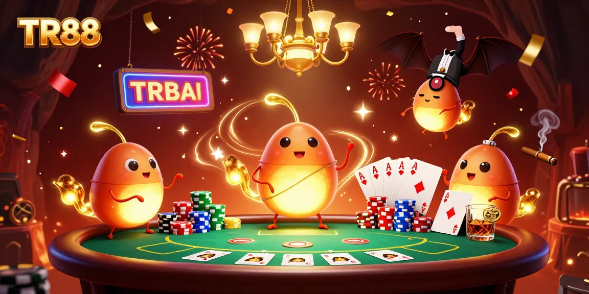Experience the excitement at TR88 with vibrant casino scenes featuring unique glowworm characters and classic poker hands.