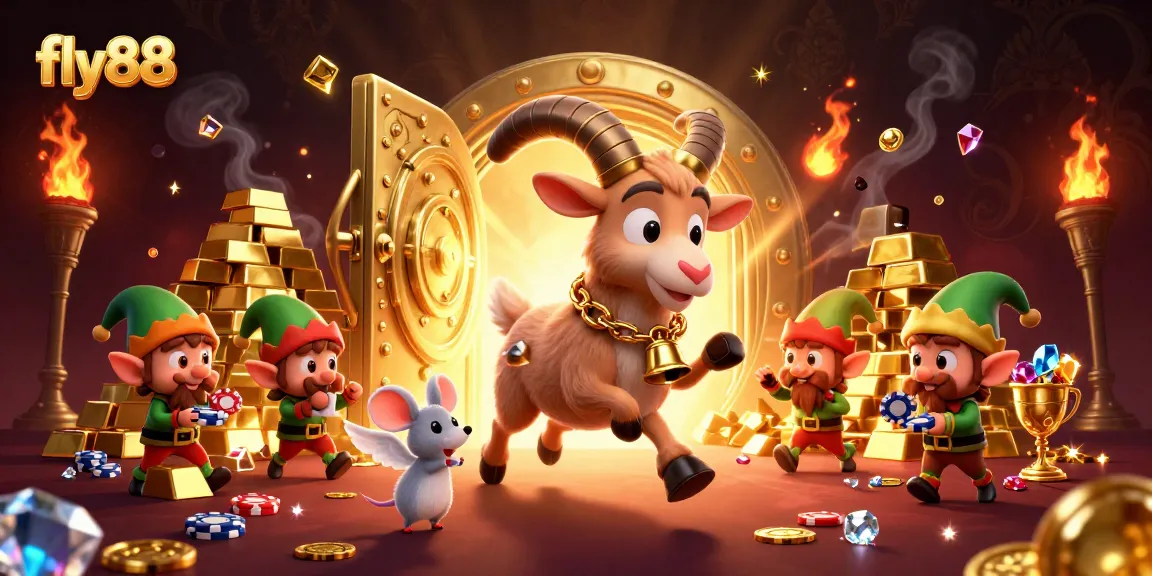 Fly88 casino scene with Krampus goat and charming elements like poker and treasure.