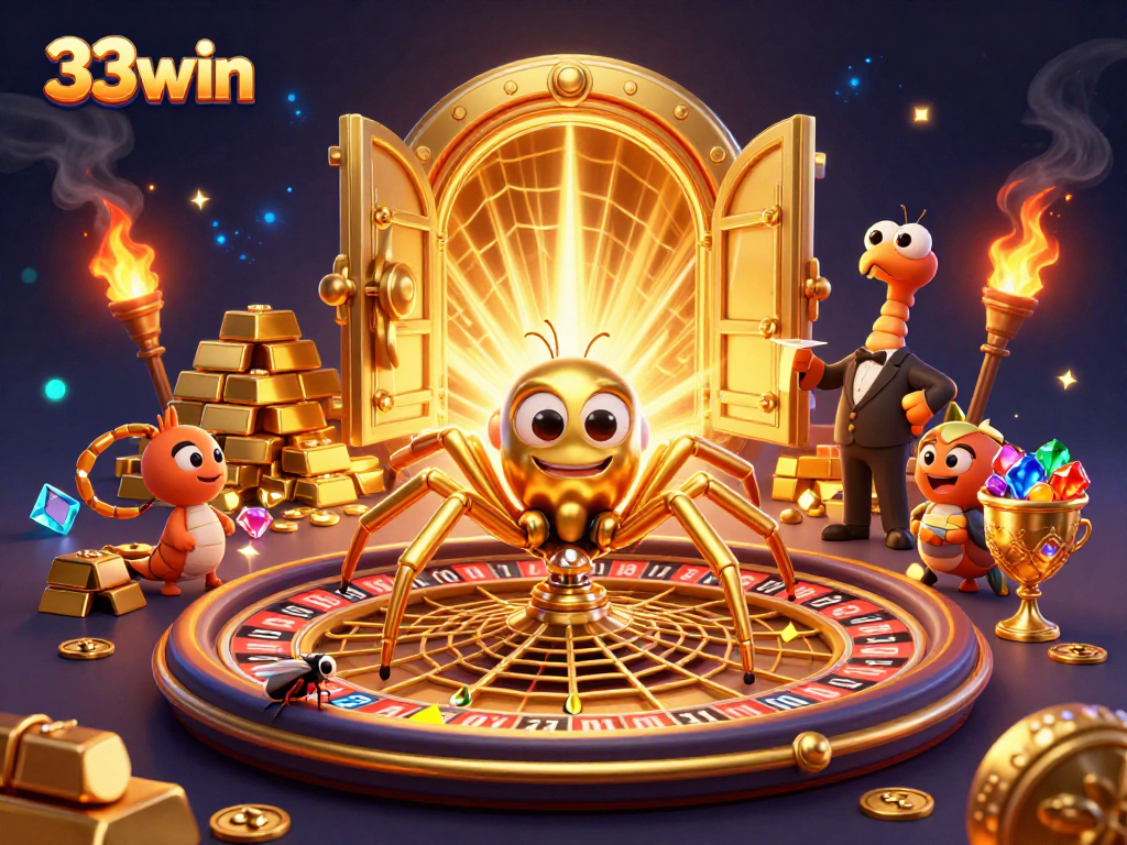 Place bets and win big with the thrilling 33win casino experience, featuring a roulette-inspired scene.