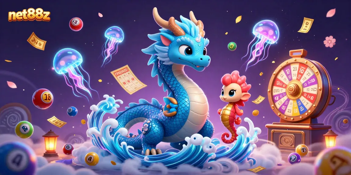 Engage in thrilling games at net88z with an enchanting dragon and seahorse knight amidst vibrant lottery elements.