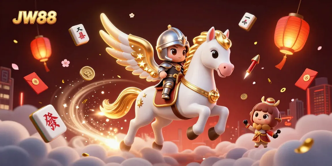 Experience thrilling gaming adventures with JW88's celestial horse and knight amidst vibrant casino elements.