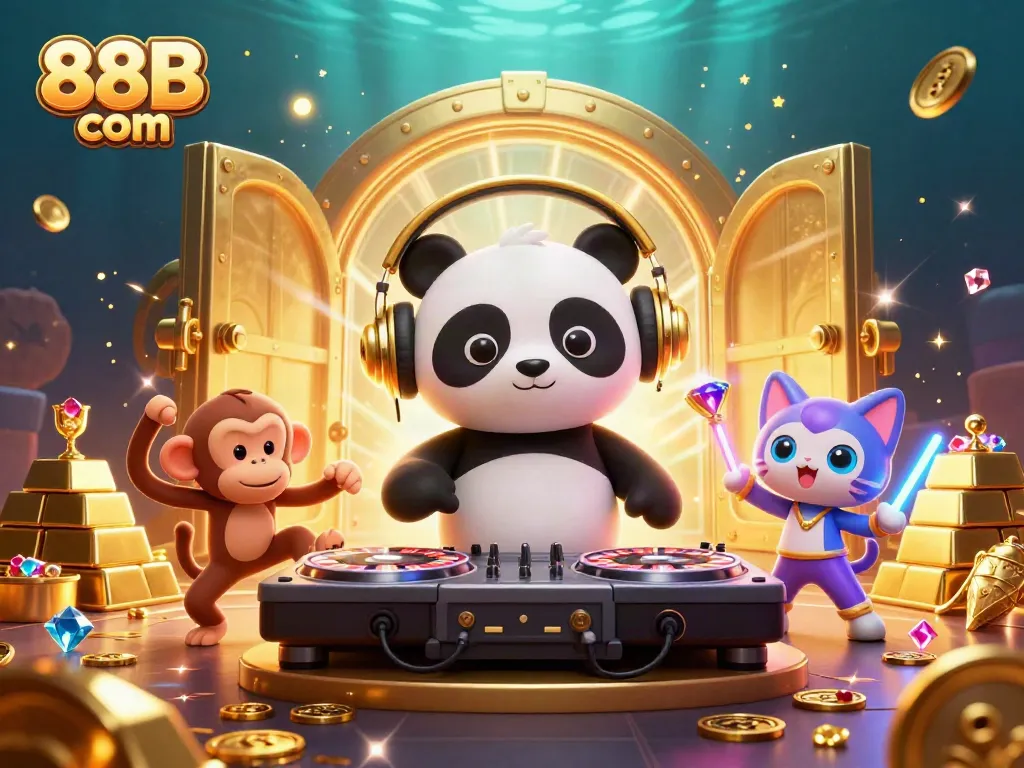 Spin and win with the lively 88B com DJ panda and friends in a glamorous casino scene.