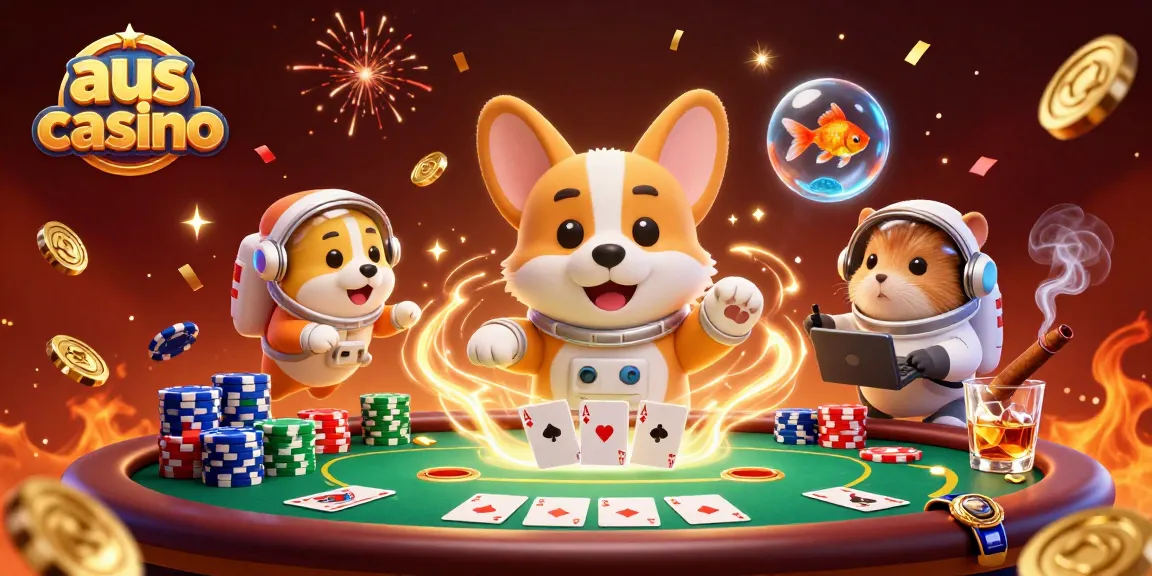 Experience fun at aus casino with a playful astronaut corgi surrounded by poker chips and gold coins.