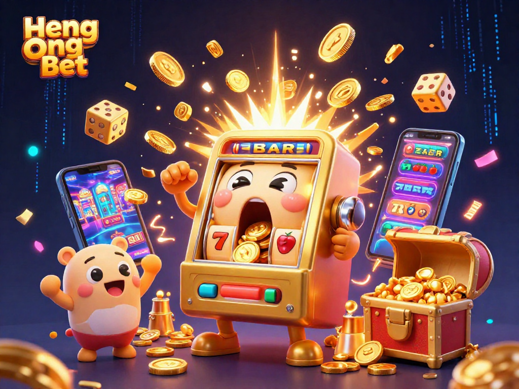 Experience the excitement of Heng Ong Bet with a lively 3D illustration showcasing fun slot machines hitting jackpots amid golden coins.