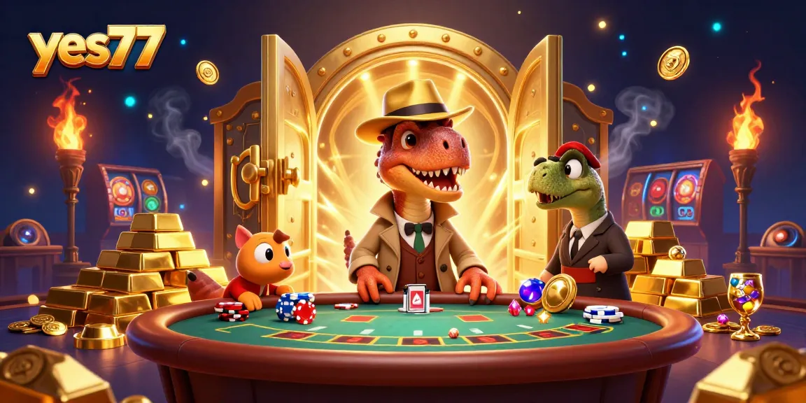 yes77 menang di meja blackjack dengan velociraptor dan stegosaurus mempertaruhkan chip emas.