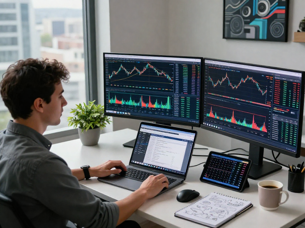 TradingView trader analyzing market data on multiple screens in a modern office setting.