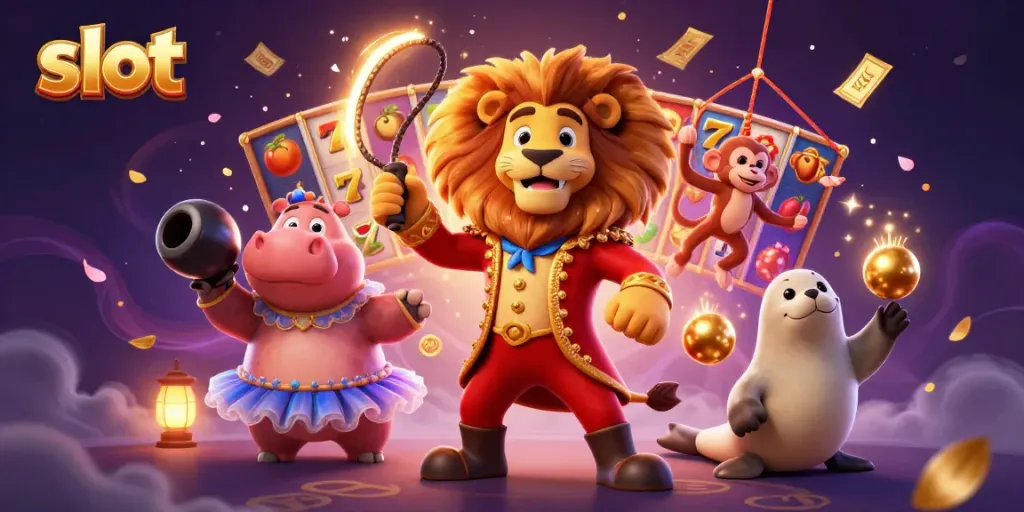 Permainan slot yang menampilkan singa, hippo, monyet, dan anjing laut, semua bersama dalam suasana kasino yang ceria.