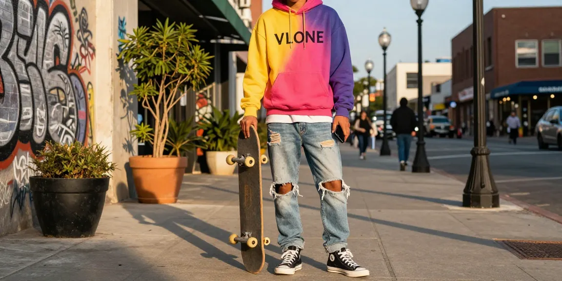 Fashionable individual in a Vlone hoodie showcases urban streetwear style against a vibrant graffiti backdrop.