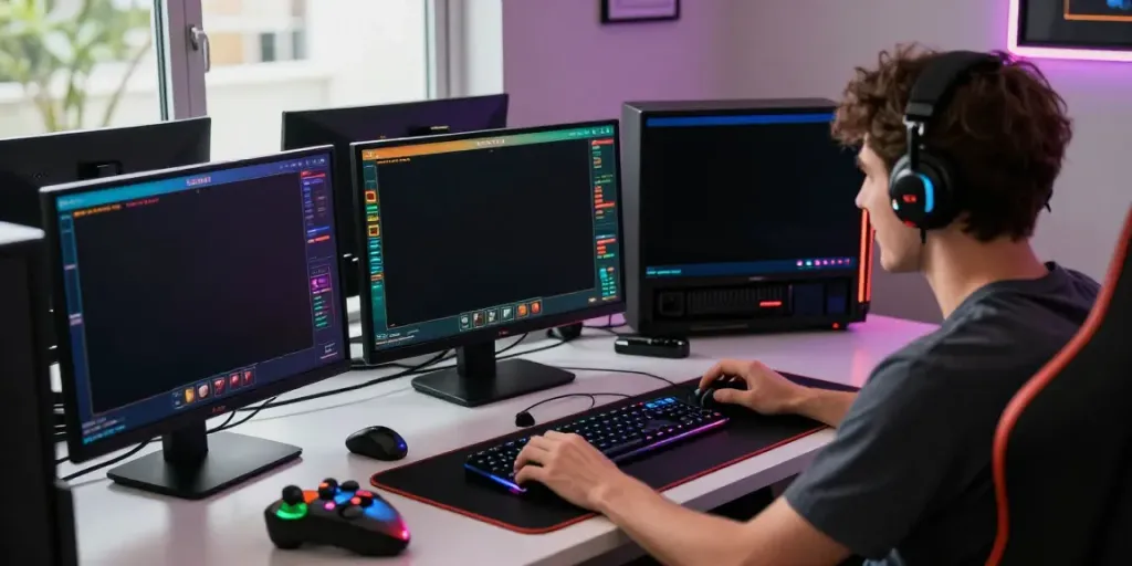 Engaging in togel online gaming with multiple screens and vibrant interfaces.