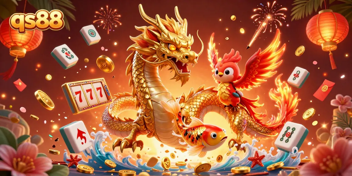 Engage with qs88's thrilling gaming environment featuring a golden dragon, phoenix, and koi fish.