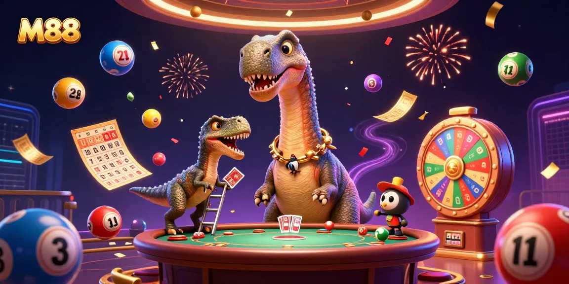 M88 showcases a vibrant casino scene where animated dinosaurs engage with lottery balls and games.