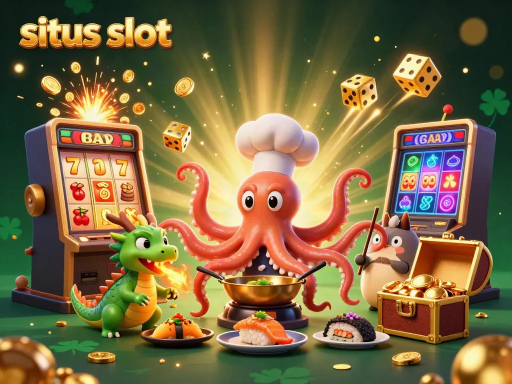 Permainan situs slot menampilkan chef octopus dan naga hijau dengan mesin slot meledak koin emas.