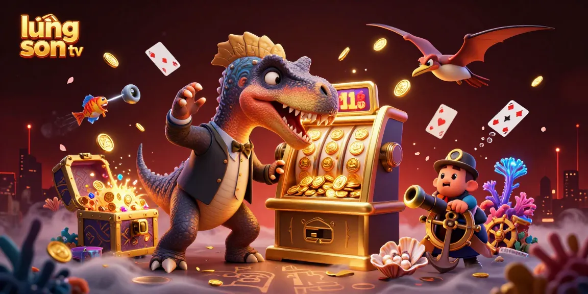 Catch golden coins with lương sơn tv in a vibrant casino scene featuring cartoon dinosaurs.